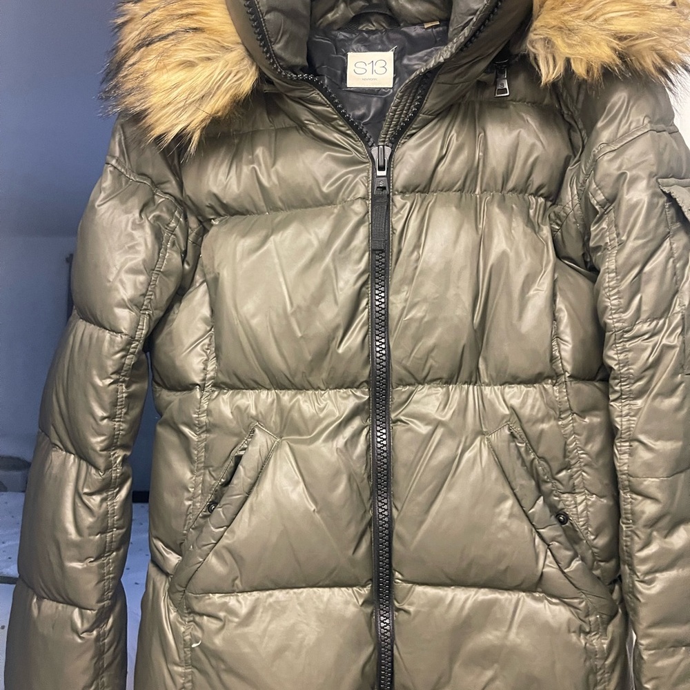 S13 Olive Green Puffer Jacket with Faux Fur Hood